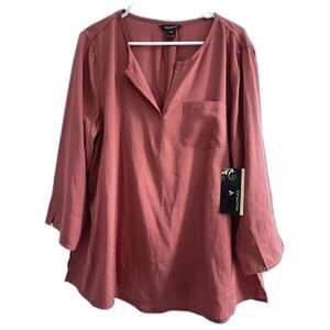 Women's Blouse long sleeve multiples marron brown XL front pocket 100% Lyocell